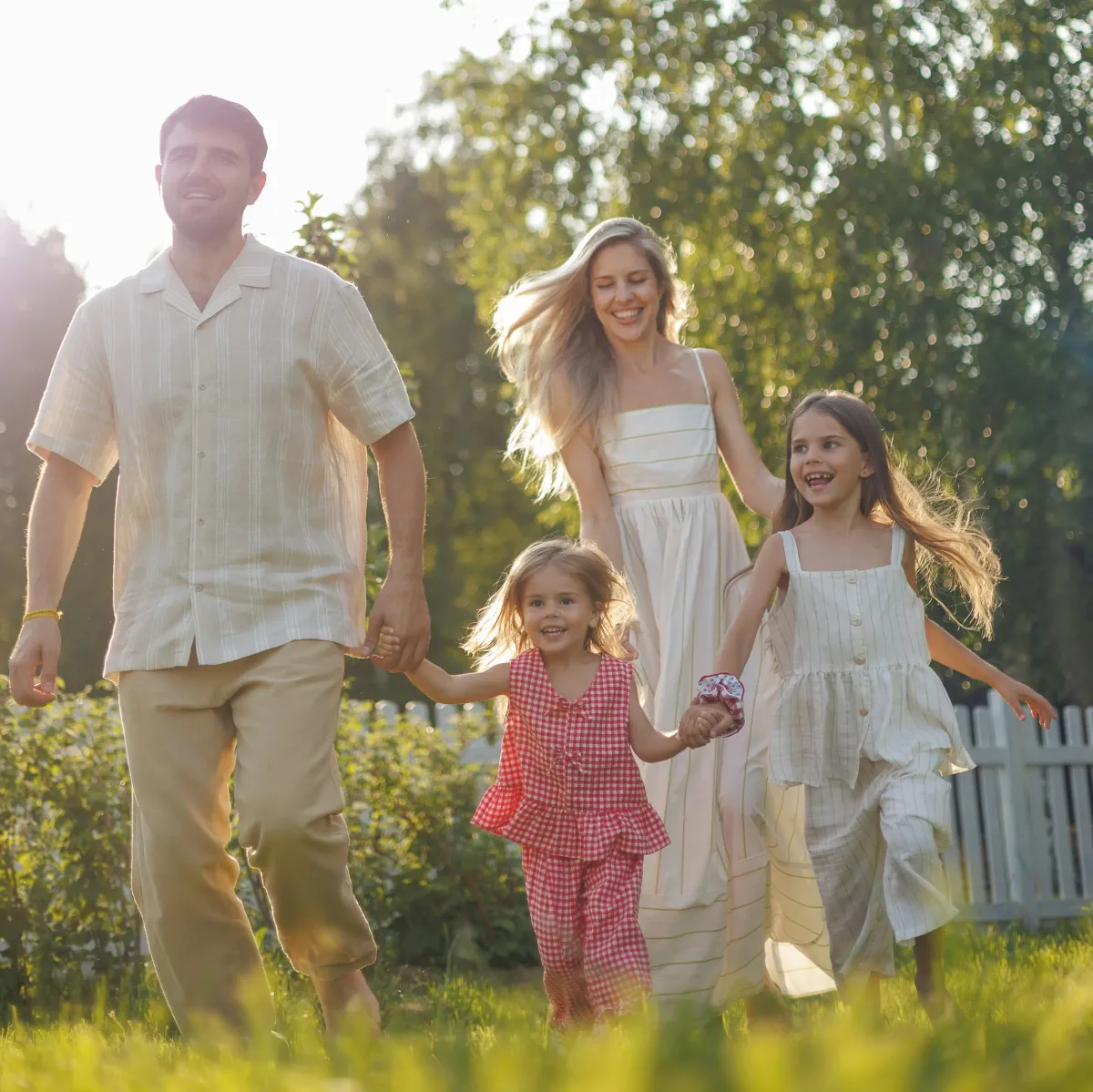 Glückliche Familie mit zwei Kindern in einem neu gestalteten Garten